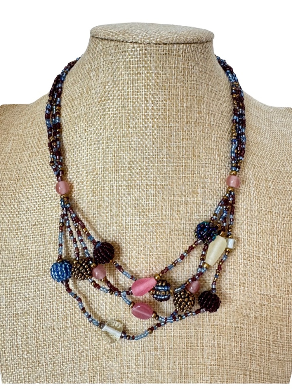 Handmade Multi Strand Beaded Necklace Pink Blue Purple Glass Plastic Seed Bead